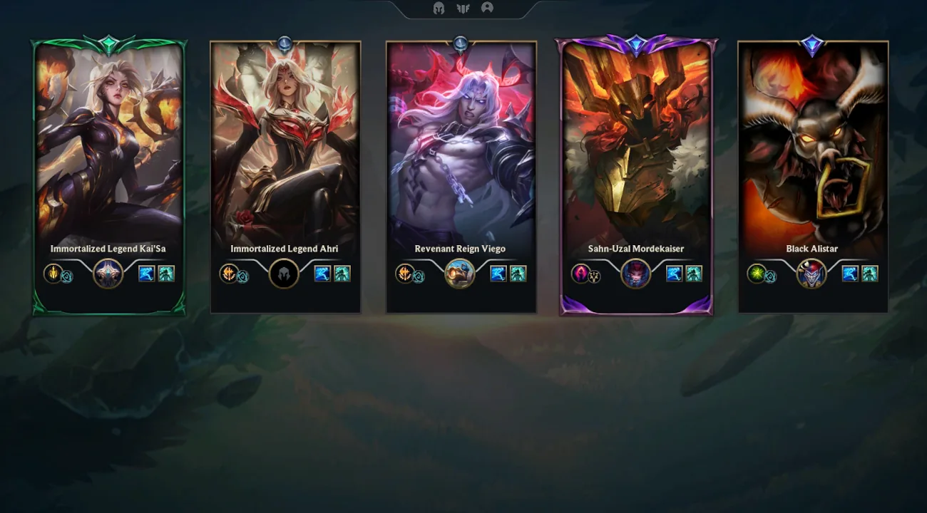 A five-player party in the League client, each member shown in a different skin, including Immortalized Legend Kai'Sa and Revenant Reign Viego